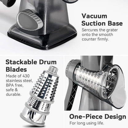 3 in 1 Manual Vegetable Cutter Machine with Stainless Steel Changeable Blades Rotary Cheese Grater Kitchen Tool Potato Slicer Shredder Nuts Chocolate Chopper (Transparent black)