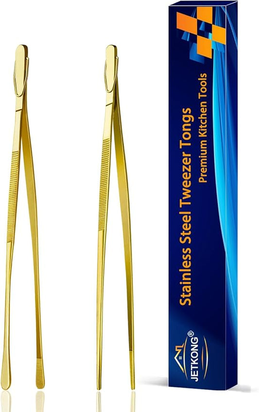 JETKONG 2 Pcs 9-Inch Cooking Tweezers Stainless Steel Food Tweezers Kitchen Tweezer Tongs (Gold) by JETKONG