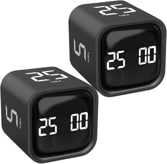 Rotating Pomodoro Timer 5, 25, 10 50 Minutes Preset, Desk Productivity Timer w/Gra vity Sensor, ADHD Tool Cube Countdown, Custom Modes, for Work, Study, Back to School, Kitchen, Black, 2 Pack by OORAII