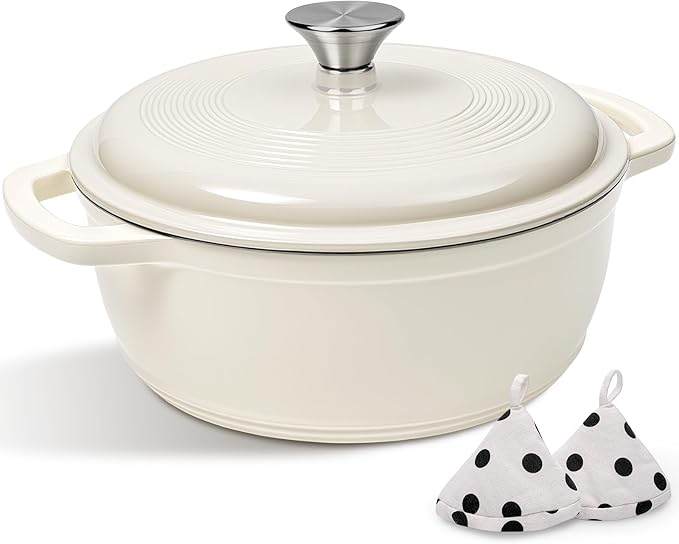 Enameled Cast Iron Dutch Oven Pot With Lid - AIVIKI 5QT Dutch Oven for Bread Baking With Cotton Potholders - Heavy-Duty Cookware for Braising, Stew, Roasting, Oven Safe up to 500°F, Cream White by AIVIKI