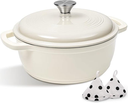 Enameled Cast Iron Dutch Oven Pot With Lid - AIVIKI 5QT Dutch Oven for Bread Baking With Cotton Potholders - Heavy-Duty Cookware for Braising, Stew, Roasting, Oven Safe up to 500°F, Cream White by AIVIKI
