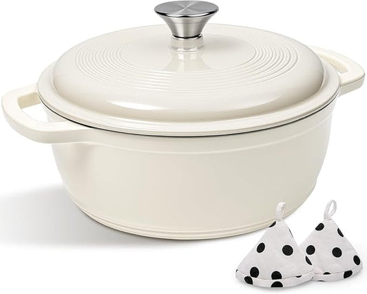 Enameled Cast Iron Dutch Oven Pot With Lid - AIVIKI 5QT Dutch Oven for Bread Baking With Cotton Potholders - Heavy-Duty Cookware for Braising, Stew, Roasting, Oven Safe up to 500°F, Cream White by AIVIKI