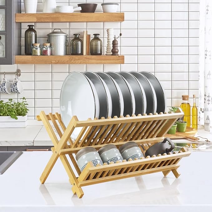KKTONER Bamboo Dish Drying Rack 2 Tier Foldable Plate Organizer Collapsible Plate Organizer Holder for Kitchen Countertop (Natural) - Image 2
