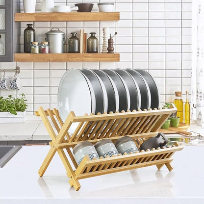 KKTONER Bamboo Dish Drying Rack 2 Tier Foldable Plate Organizer Collapsible Plate Organizer Holder for Kitchen Countertop (Natural) - Image 2