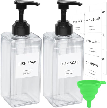 Clear Soap Dispenser with Waterproof Labels, Thickened Plastic Hand Soap Dispenser for Bathroom, Kitchen Dish Washing Liquid Bottles, Shampoo and Conditioner Bottles with Funnel (22oz 2Pack Clear) by Lewistin