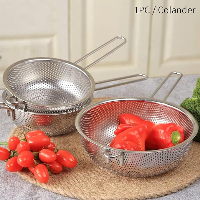 Stainless Steel Colander Fine Mesh Colander with Long Handle, Kitchen Metal Food Strainers with Resting Feet for Strain, Rinse, Fry, Steam or Cook Vegetables & Pasta & Wash fruits(COLOR:silver) - Image 8