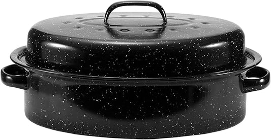JY COOKMENT 15.7" Enameled Oval Roaster with Domed Lid - For Turkey, Chicken, Ham, Dishwasher Safe