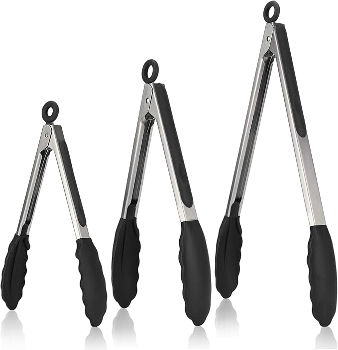 Kitchen Tongs, U-Taste 7/9/12 inches Cooking Tongs, with 600ºF High Heat-Resistant Non-Stick Silicone Tips, 18/8 Stainless Steel Handle, for Food Grill, Salad, BBQ, Frying, Serving, Pack of 3(Black) by U-Taste