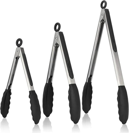 Kitchen Tongs, U-Taste 7/9/12 inches Cooking Tongs, with 600ºF High Heat-Resistant Non-Stick Silicone Tips, 18/8 Stainless Steel Handle, for Food Grill, Salad, BBQ, Frying, Serving, Pack of 3(Black) by U-Taste