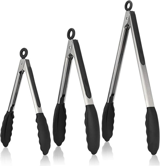 Kitchen Tongs, U-Taste 7/9/12 inches Cooking Tongs, with 600ºF High Heat-Resistant Non-Stick Silicone Tips, 18/8 Stainless Steel Handle, for Food Grill, Salad, BBQ, Frying, Serving, Pack of 3(Black) by U-Taste