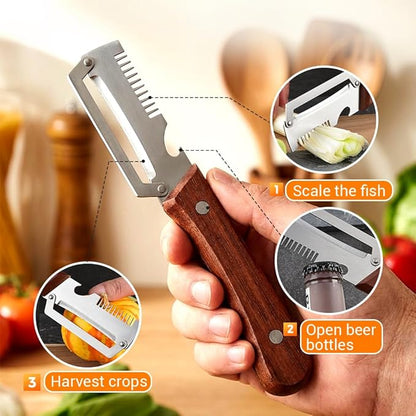 2Pcs Multi-Functional Vegetable Peeler, Ultra-Sharp Stainless Steel Blade with Wooden Handle and Bottle Opener, Contour-Flow for Kitchen Prep, Camping, Apple Potato Pumpkin Papaya Peeling (2) - Image 3