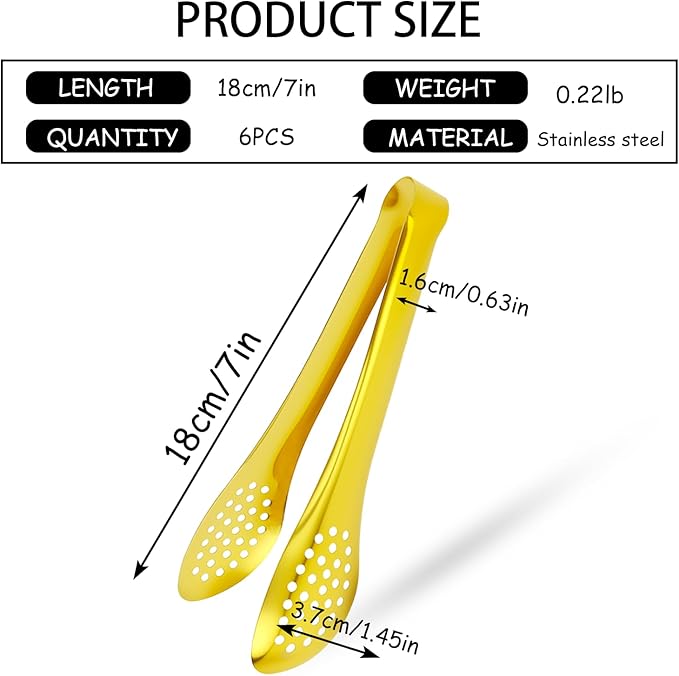 6 PCS Gold Serving Tongs for Party 7 Inch Stainless Steel Serving Utensils for Salad Buffet and Dessert(Gold)