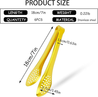 6 PCS Gold Serving Tongs for Party 7 Inch Stainless Steel Serving Utensils for Salad Buffet and Dessert(Gold)