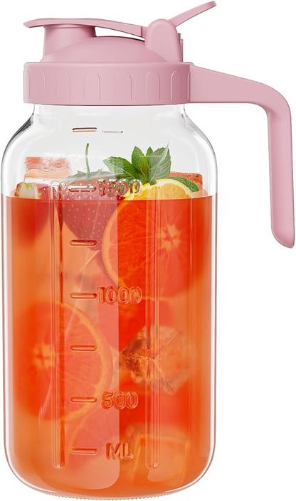 Glass Mason Jar Pitcher, 64 oz Wide Mouth Jug with Pour Spout Handle Lid for Cold Brew Coffee, Ice Beverage, Iced Juice, Lemonade, Sun Tea, Fruit Drinks Container(Pink) by Junvpic