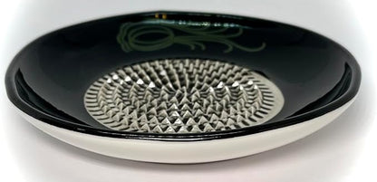 BonCera, All-in-one Premium Ceramic Garlic Grater Plate 4-Piece Set - Black Garlic Design - for Garlic, Ginger, Chocolate, and More! - Comes with 5.25" Plate, Peeler, Brush, and Stand