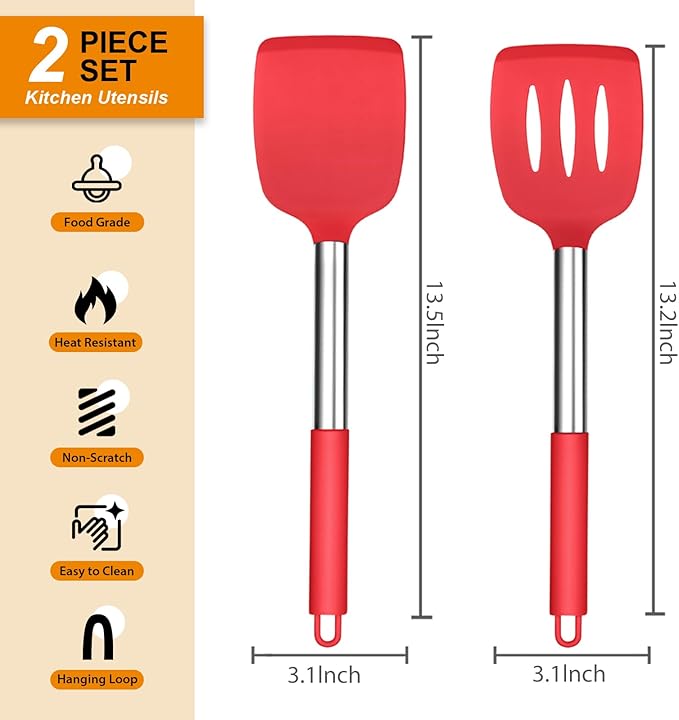 Silicone Spatula Set of 2, E-far Solid & Slotted Turner for Nonstick Cookware, Heat Resistant Rubber Kitchen Cooking Utensils for Flipping Fish Pancake Egg - Red - Image 2