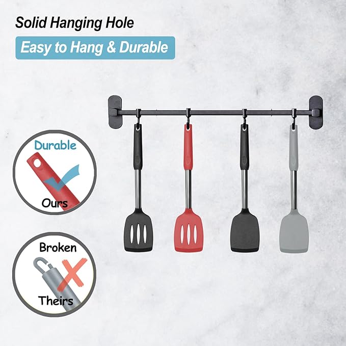 2 Pack Spatulas, Solid & Slotted Silicone Spatula Set, Stainless Steel Handle Coated with Silicone, Non Stick Turners, Heat Resistant Rubber Spatulas for Fish, Eggs, Pancakes, WOK, Red - Image 5