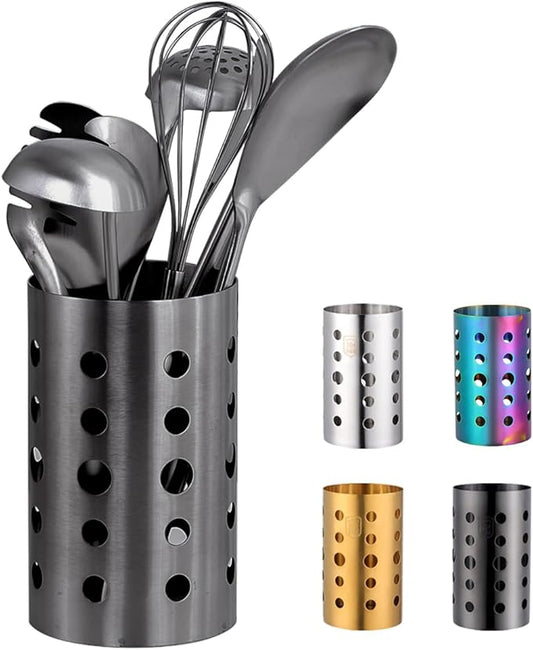 QRU Kitchen Utensil Holder for Countertop (H6.7” x W4.1”), Stainless Steel Cooking Utensil Caddy for Tools, Spatulas, Spoons, Silverware & More, Cooking Utensil Organizer, Kitchen Decor (Black)