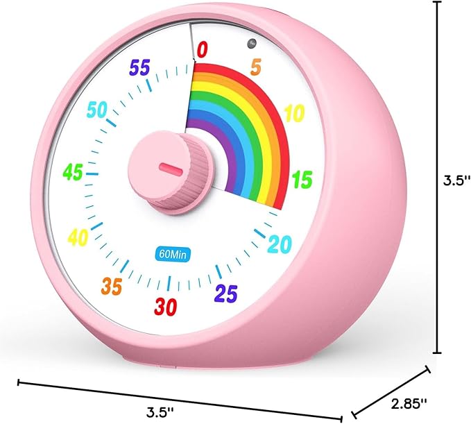 Visual Timer for Kids, 60-Minute Countdown Timer for Classroom Office Kitchen, Desk Timer Kids Time Management Tools with Silent Operation, Pomodoro Time Rainbow Pattern (Pink)