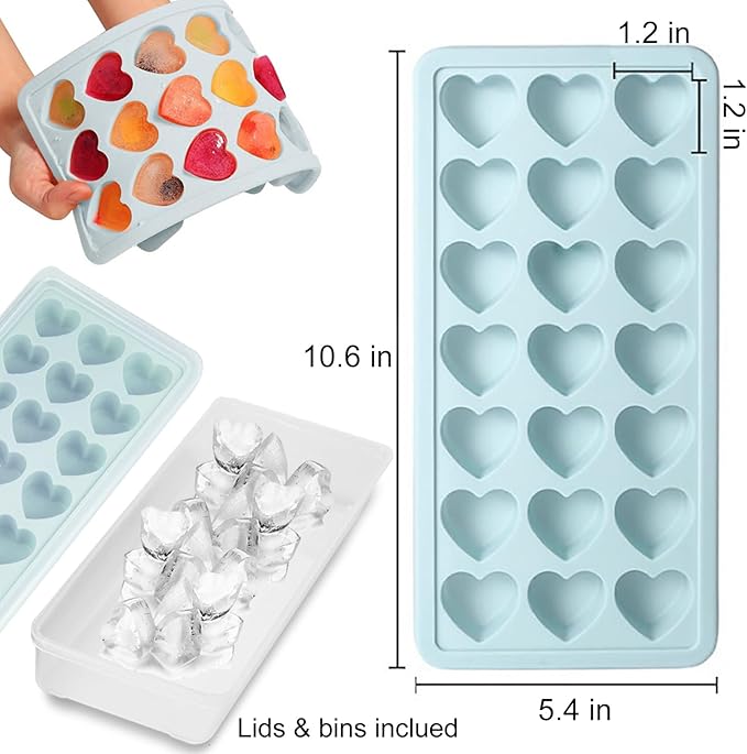 2 Pack Heart Shpaed Ice Cube Trays with Lids, 42 Holes Silicone Heart Ice Cube Molds for Whiskey, Cocktail, Fun Shapes Ice Cubes, Chocolate, Candle, Candy, Jelly, Jello - with Lids Bins - Image 2