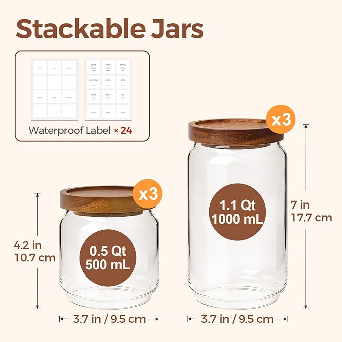 ComSaf 6PCS (1.1Qt/0.5Qt) Glass Pantry Storage Container with Acacia Wood Lid, Airtight Glass Canister with Stacked Design for Orderly Organizing, Glass Jar Organizing Dry Goods in Pantry & Cabinet - Image 2