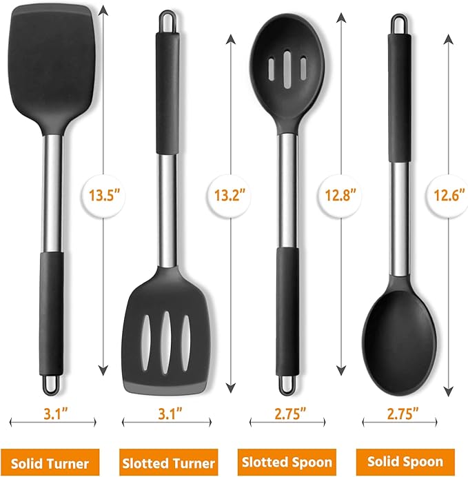 E-far Cooking Utensils Set of 4, Silicone Kitchen Utensils for Non-stick Cookware, Heat Resistant & Non-toxic Slotted Spatula Solid Spoon Turner for Flipping Mixing Serving Basting(Black) - Image 2