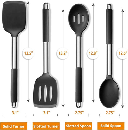E-far Cooking Utensils Set of 4, Silicone Kitchen Utensils for Non-stick Cookware, Heat Resistant & Non-toxic Slotted Spatula Solid Spoon Turner for Flipping Mixing Serving Basting(Black) - Image 2