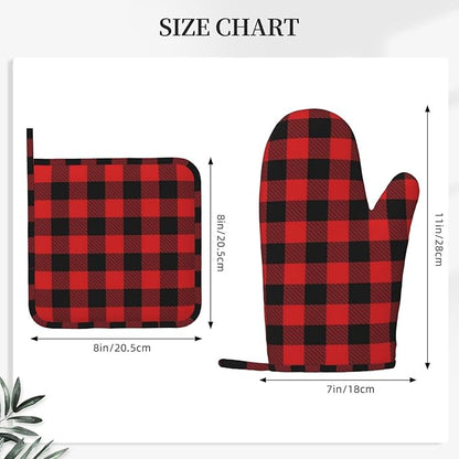 Buffalo Plaid Black and Red Oven Mitts and Pot Holders Set, 4pcs Black Red Plaid Silicone Oven Glove for Kitchen Heat Resistant Oven Mitts and Potholders Non-Slip for Cooking