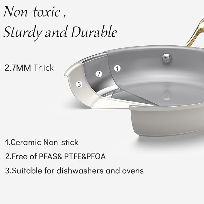 10-Piece Nonstick Ceramic Cookware Set, Non-Toxic Ceramic Coated Aluminum Pots and Pans with Lids, PFAS & PFOA &PTFE Free, Induction Compatible, Healthy Essential Kitchen Set -（White)