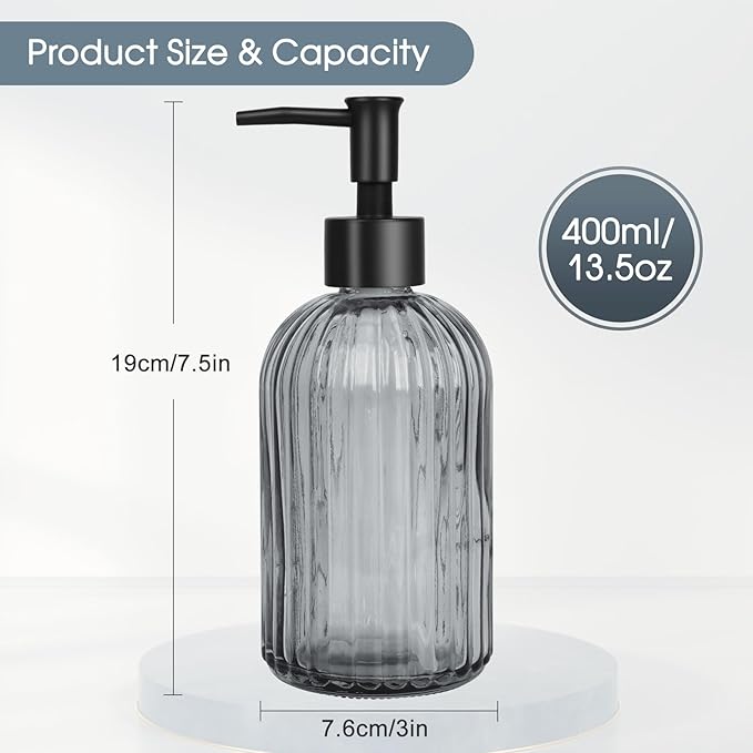 Topsky Glass Soap Dispenser with Plastic Pump, 400ml Liquid Hand Soap Dispenser, Rustproof Pump for Kitchen & Bathroom, Great for Lotions, Essential Oil, Liquid Soaps,Gray - Image 4