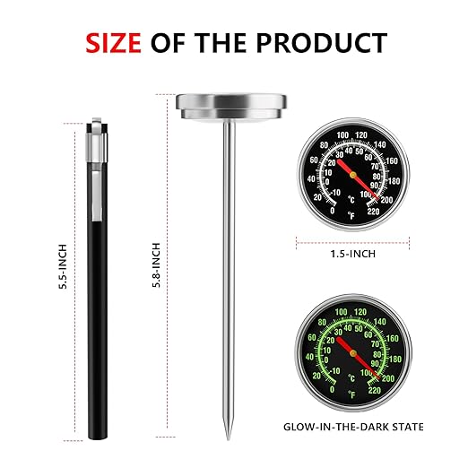 Instant Read Meat Thermometer - Stainless Steel Food Thermometer for Grilling, Cooking, BBQ - 1.5-Inch Dial Kitchen Temperature Thermometer with 5.5-Inch Probe for Turkey, Beef, Milk, Tea, Coffee (1)