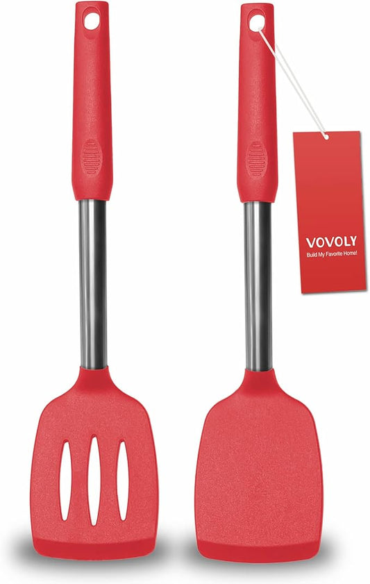 2 Pack Spatulas, Solid & Slotted Silicone Spatula Set, Stainless Steel Handle Coated with Silicone, Non Stick Turners, Heat Resistant Rubber Spatulas for Fish, Eggs, Pancakes, WOK, Red by VOVOLY