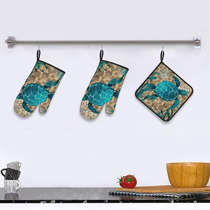Retro Teal Nautical Oven Mitts and Pot Holders Sets,Sea Turtles Oven Gloves Hot Pads, Coastal Kitchen Mitts for Cooking Baking BBQ,Nautical Coastal Beach Ocean Cruise Themed Gifts for Women Sea Lover