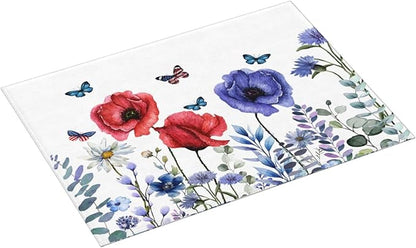 Independence Day Dish Drying Mat 18x24 For Kitchen Counter 4th Of July Blue Red Floral Kitchen Drying Mat Memorial Day Decorative patriotic Flower Drying Pad for Kitchen Decor,Dining Room