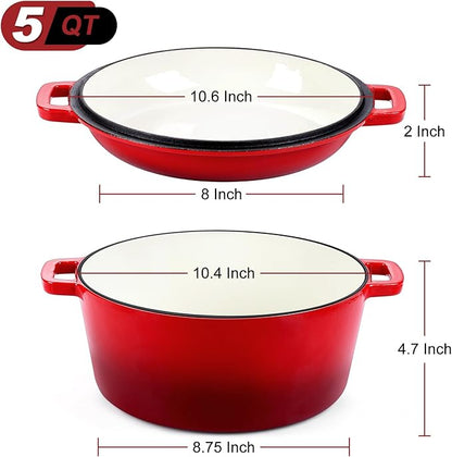 P&P CHEF 5Qt Dutch Oven Pot for Bread Baking (Red), 2 In 1 Round Cast Iron Dutch Oven with Lid Set, Skillet & Pot for Roasting Braising Stewing Frying Simmering, Multi Stoves & Oven Safe - Image 2