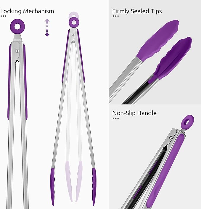 600ºF Heat Resistant Kitchen Tongs: U-Taste 16 inch Extra Long Large Silicone Cooking Tong with Sturdy Non Stick Rubber Tips & Non Slip Silicon Coated 18/8 Stainless Steel Handle for Grill BBQ(Purple) - Image 6