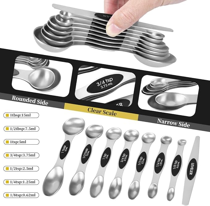 16 Pieces Measuring Cups and Magnetic Measuring Spoons Set Stainless Steel,8 Measure Cups with Silicone Handle and 7 Double Sided Magnetic Measure Spoons & 1 Leveler - Image 3