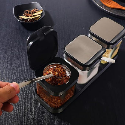 Condiment Jar Spice Container with 304 Stainless Steel Lids and Spoons,Clear Glass Condiment Canisters Pots Seasoning Box Salt Container Sugar Bowl Set of 2 for Kitchen, Counter, Food Storage