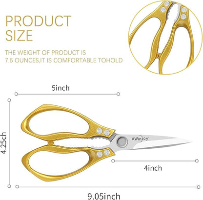 Heavy Duty Sharp Kitchen Scissors, Multipurpose Cutting Scissors for Meat, Chicken, Fish, Poultry, Herbs, Bread - Dishwasher Safe - Gift (Gold)