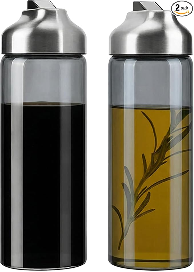 Aelga Olive Oil Dispenser Bottle for Kitchen, 2-Pack 14oz Dark Glass Oil and Vinegar Dispenser Set, Auto Flip Lid, UV-Protected Cooking Oil Cruet with Drip-Free Pour Spout by Aelga