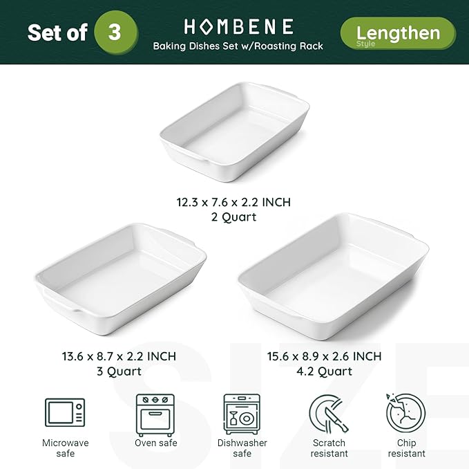 HOMBENE Casserole Dishes for Oven, Ceramic Baking Dishes Set of 3 with Roasting Racks, Rectangular Lasagna Pan with Handles for Baking, Gift, Dinner Microwave Oven Safe (2QT/3QT/4.2QT) - Image 2