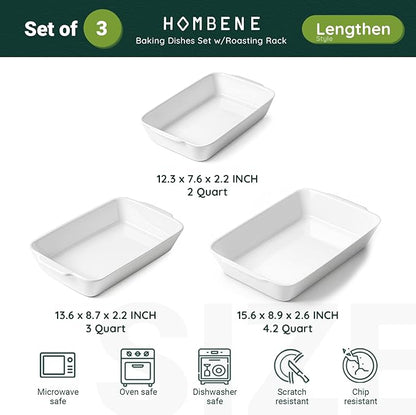 HOMBENE Casserole Dishes for Oven, Ceramic Baking Dishes Set of 3 with Roasting Racks, Rectangular Lasagna Pan with Handles for Baking, Gift, Dinner Microwave Oven Safe (2QT/3QT/4.2QT) - Image 2