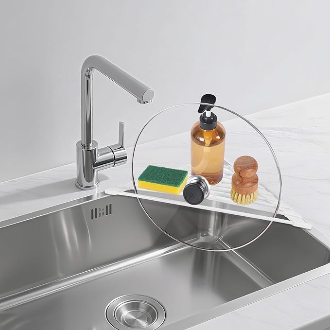HANZENMA Triangular Sink Rack, Multi-Functional Rack Above the countertop, Foldable Sink Drying mat, Heat-Resistant, Non-Slip, and Rust-Proof Dish Rack (White) - Image 7