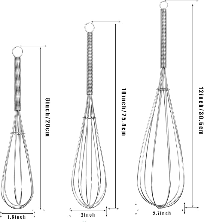 Digead Mini Wire Whisk, 3-Pack - 8, 10 & 12 Inch Small Whisk for Cooking - Ergonomic Spiral Handle, 304 Stainless Steel - Ideal for Whisking, Beating, Blending & Mixing Sauces - Silver - Image 2