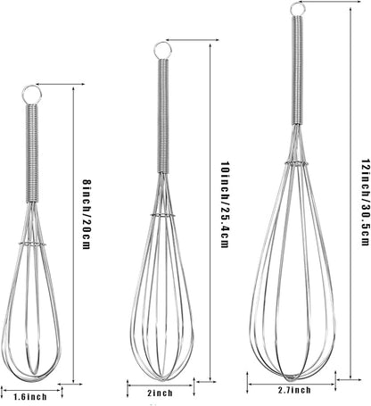 Digead Mini Wire Whisk, 3-Pack - 8, 10 & 12 Inch Small Whisk for Cooking - Ergonomic Spiral Handle, 304 Stainless Steel - Ideal for Whisking, Beating, Blending & Mixing Sauces - Silver - Image 2