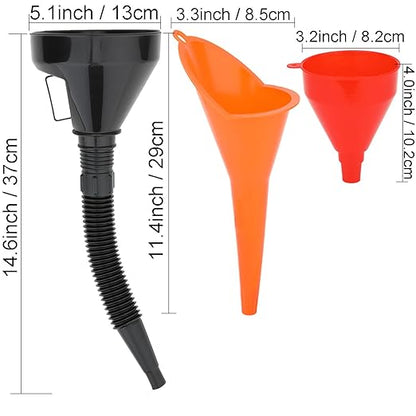 3 Pack Automotive Oil Funnel Set, Wide Mouth Fuel Funnels with Flexible Long Neck, Detachable Spout & Filter for Gas, Water, Coolant, Engine Oil