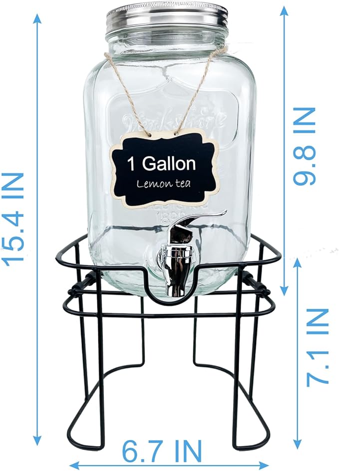 1 Gallon Glass Drink Dispenser for Parties, 1PCS Juice Lemonade Ice Tea Water Dispenser with Stand, HENABLE Beverage Dispensers with Spigot for BBQ, Picnic, Party - Image 3