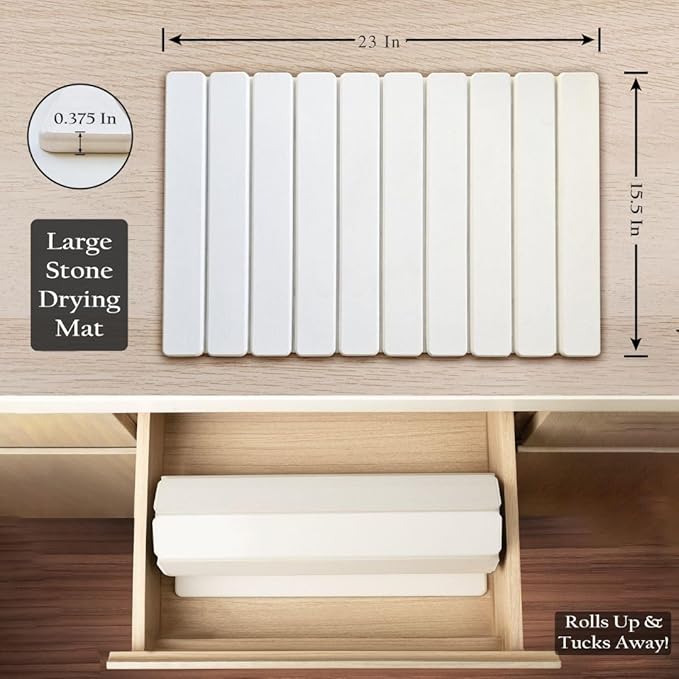 Large Stone Drying Mat for Kitchen Counter | Premium Diatomaceous Earth Coaster Set for Dishes | Non-Slip Kitchen Sink Mat | Fast-Absorbing, Eco-Friendly | 23" x 15.5" (White)