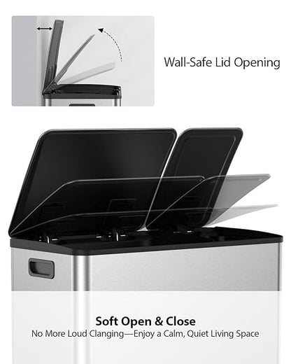 Lovewind Double Trash Can Kitchen, 13+5.5 Gallon Stainless Steel Dual Trash and Recycle Bin Combo with Silent Close Lid, Heavy-Duty Foot Pedal, Easy to Clean Garbage Can for Large Families, Silver