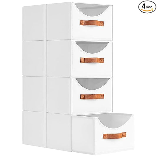 Homsorout Stackable Storage Drawers - Collapsible Storage Bins with Drawers, 4 Pack Closet Shelf Organizer Basket, Fabric Pull Out Organizer for Bedroom, Living Room, Dorm, White